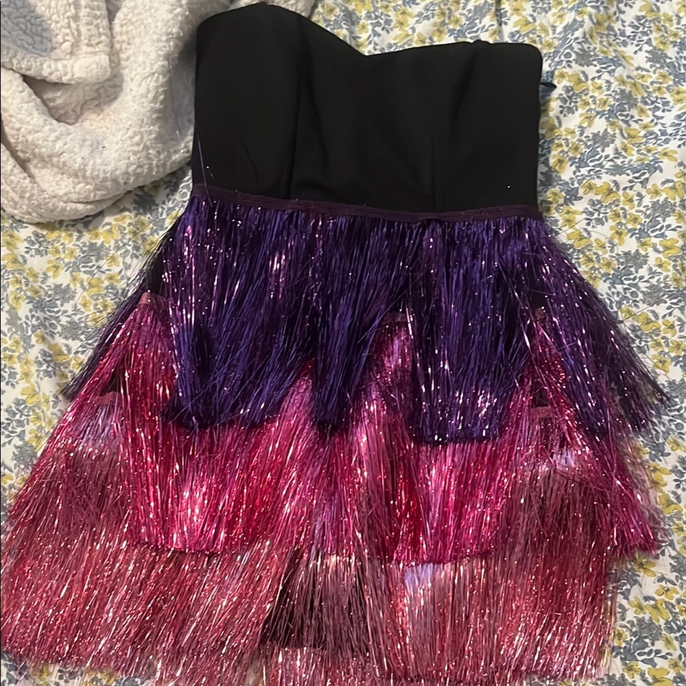 Black and Purple Fringe Strapless Dress